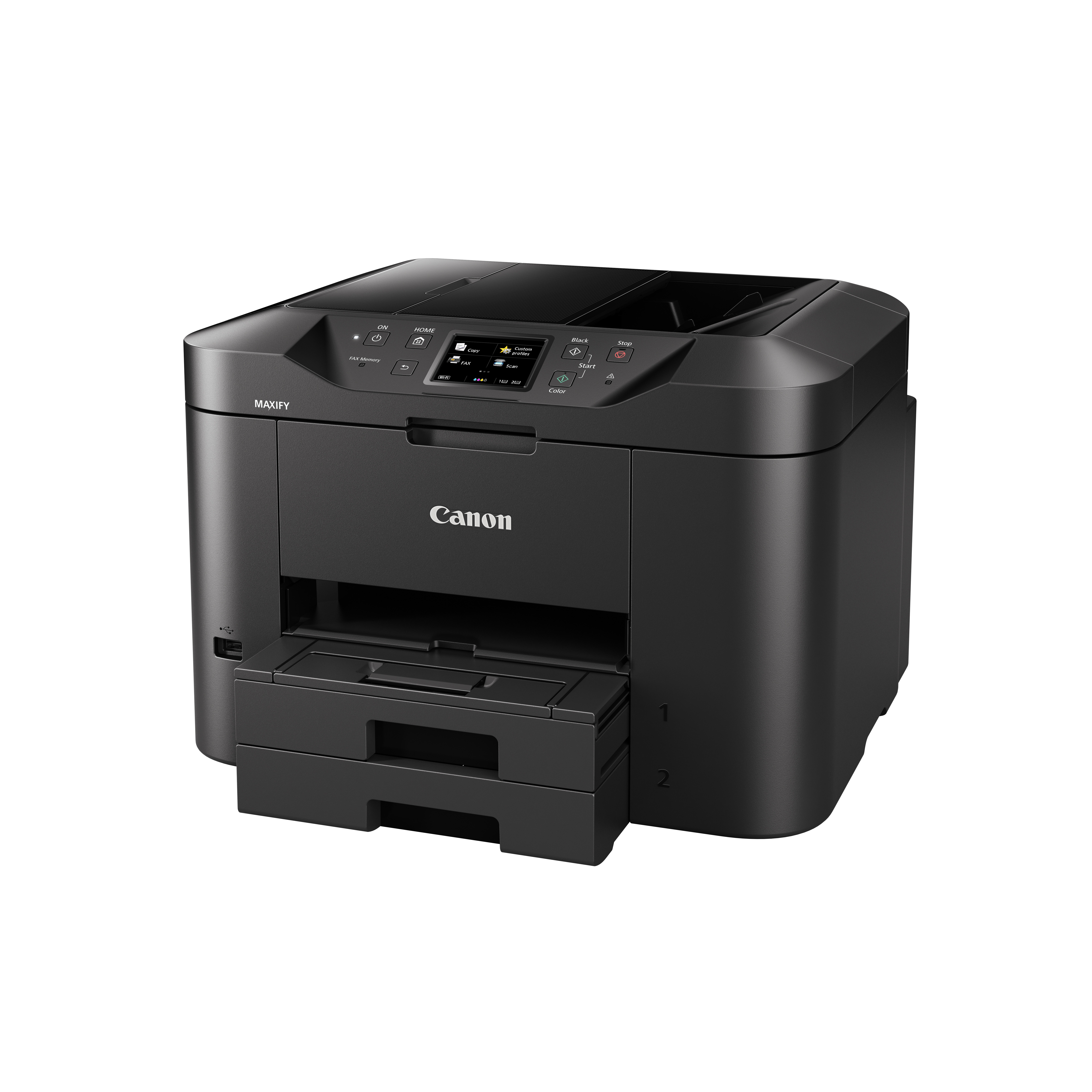 Impresora Canon Maxify negra, bandeja de papel extendida, fondo blanco.