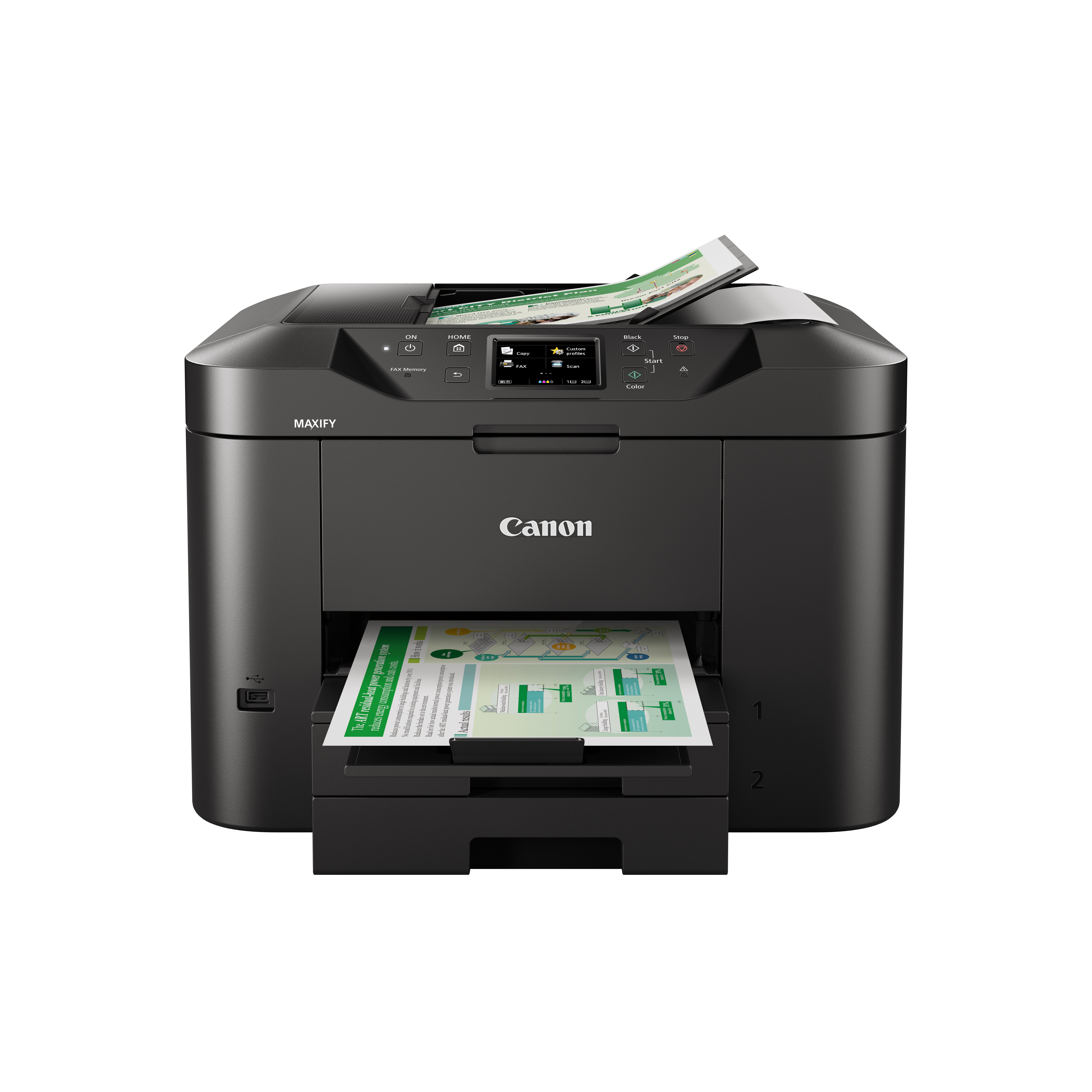Impresora Canon MAXIFY negra imprimiendo un documento. Tiene una bandeja de salida con papel.