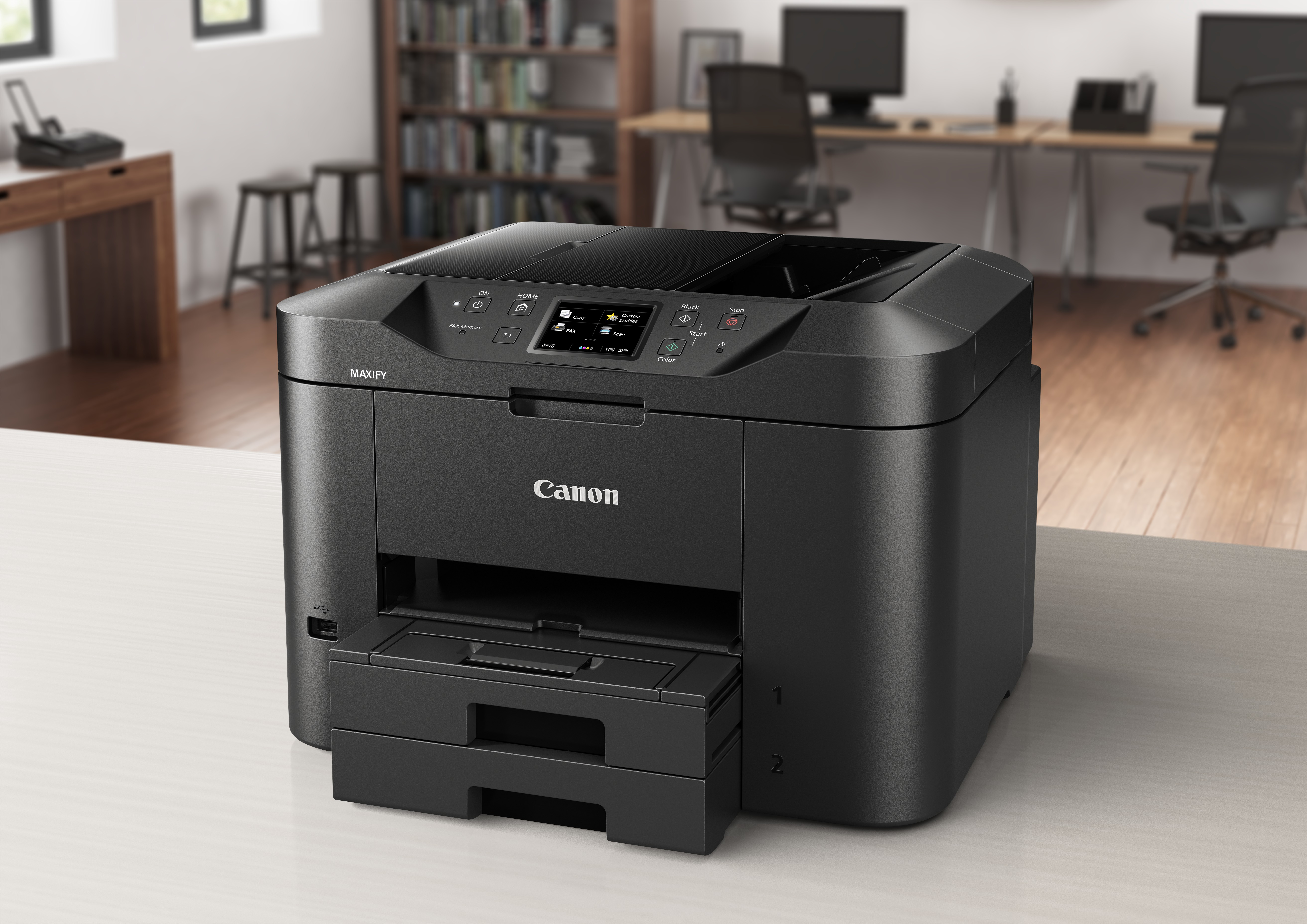 Impresora Canon Maxify en un escritorio, entorno de oficina, cuerpo negro, escritorio blanco.
