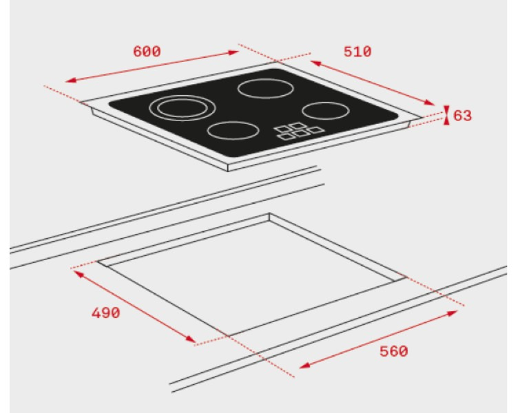 Diagrama de una placa de cocina negra con dimensiones. Cuatro quemadores, un rectángulo y líneas.