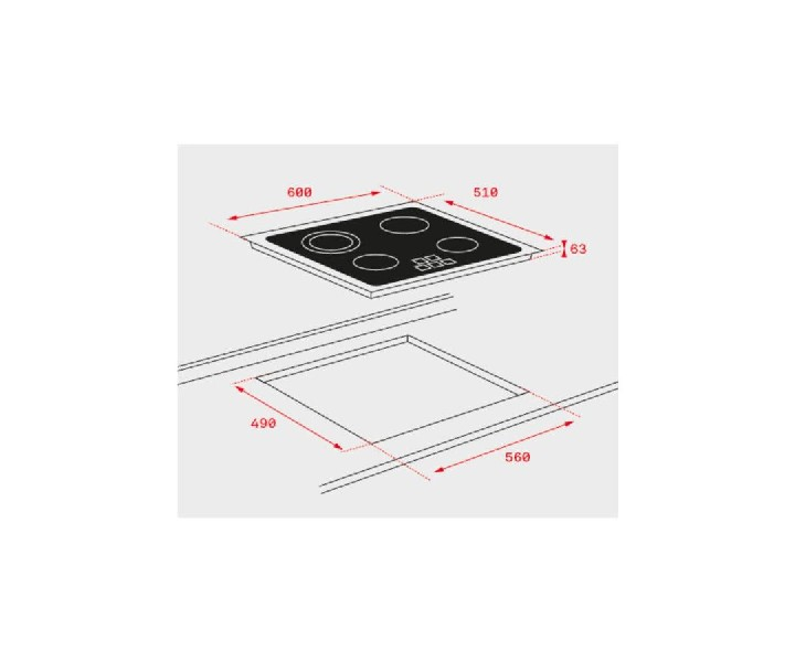 Un diagrama de una placa de cocina negra con cuatro quemadores, que muestra las dimensiones. Colocado dentro de un recorte.