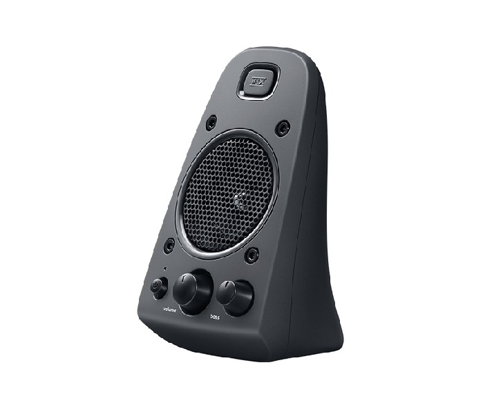 Altavoz negro con controles de volumen y bajos.