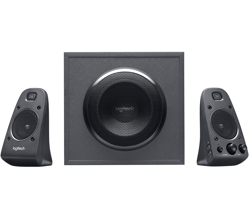 Sistema de altavoces Logitech. Tiene un subwoofer y dos altavoces satélite, todos en gris oscuro.