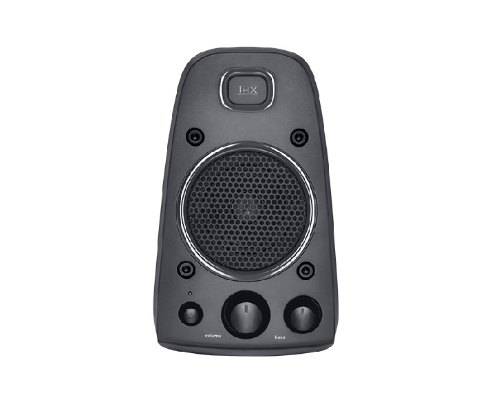 Altavoz negro con controles de volumen y graves, y el logotipo THX.