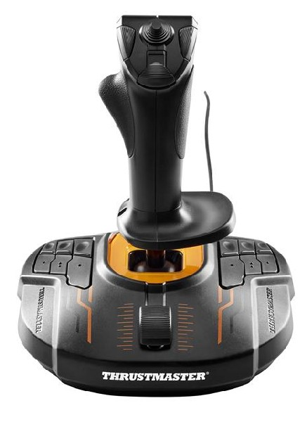 Joystick negro con detalles naranjas sobre una base negra. Tiene botones y una palanca prominente.