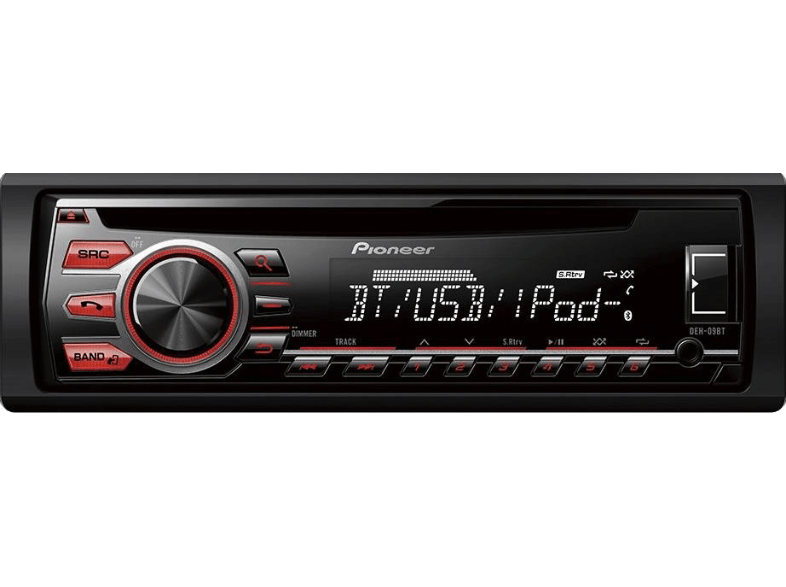 Un sistema de sonido para automóvil Pioneer con pantalla que muestra texto. Tiene detalles rojos y negros.