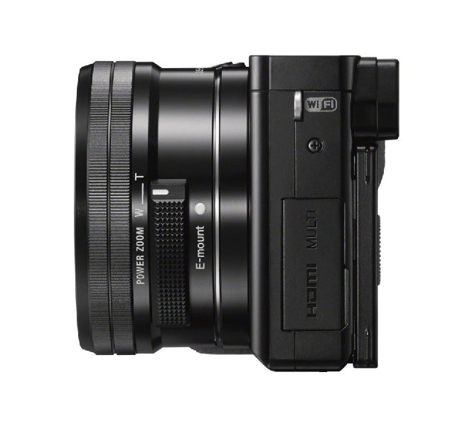 Cámara negra de perfil, mostrando lente, zoom de potencia, e-mount y funciones Wi-Fi.