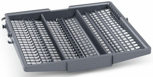 Una cesta gris para cubiertos de lavavajillas con varios compartimentos y un diseño de rejilla.