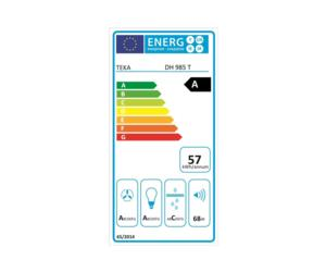 Una etiqueta de eficiencia energética con barras de colores, valores, texto e iconos.