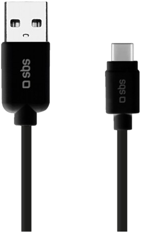 Schwarzes USB-zu-USB-C-Kabel. Die Enden sind vor weißem Hintergrund sichtbar.