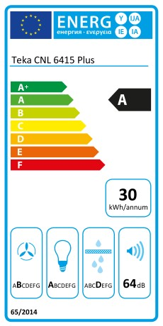 Etiqueta de eficiencia energética para una campana Teka CNL 6415 Plus. Muestra clasificaciones energéticas y detalles.