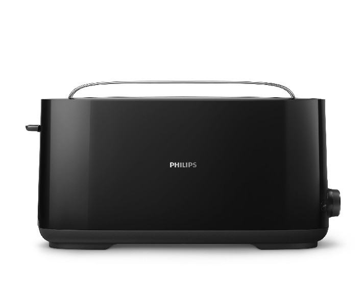 Tostadora Philips negra sobre fondo blanco. Tiene un asa y una palanca.