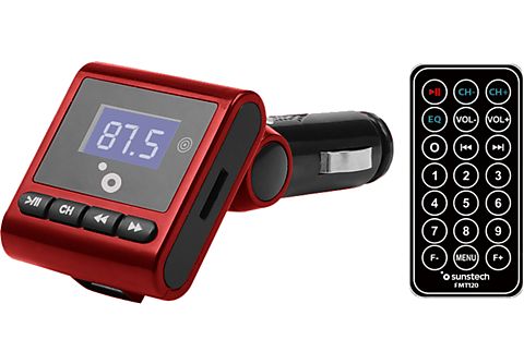 Transmisor FM - Sunstech FMT120RD, Para coche, Radio FM, MP3, USB, SD, Rojo