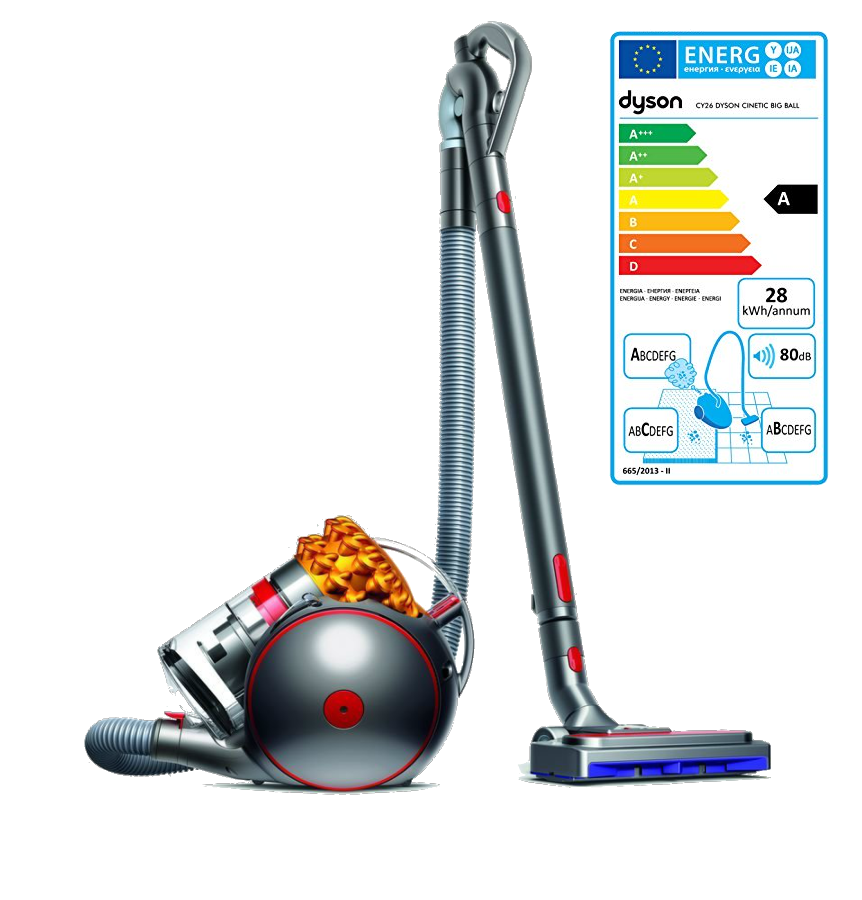 Aspiradora Dyson, gris y roja con etiqueta energética.