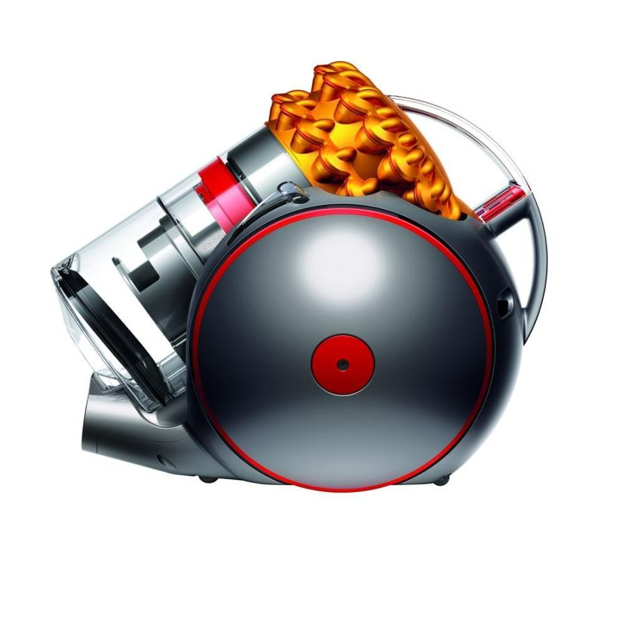 Una aspiradora Dyson gris y roja sobre un fondo blanco.