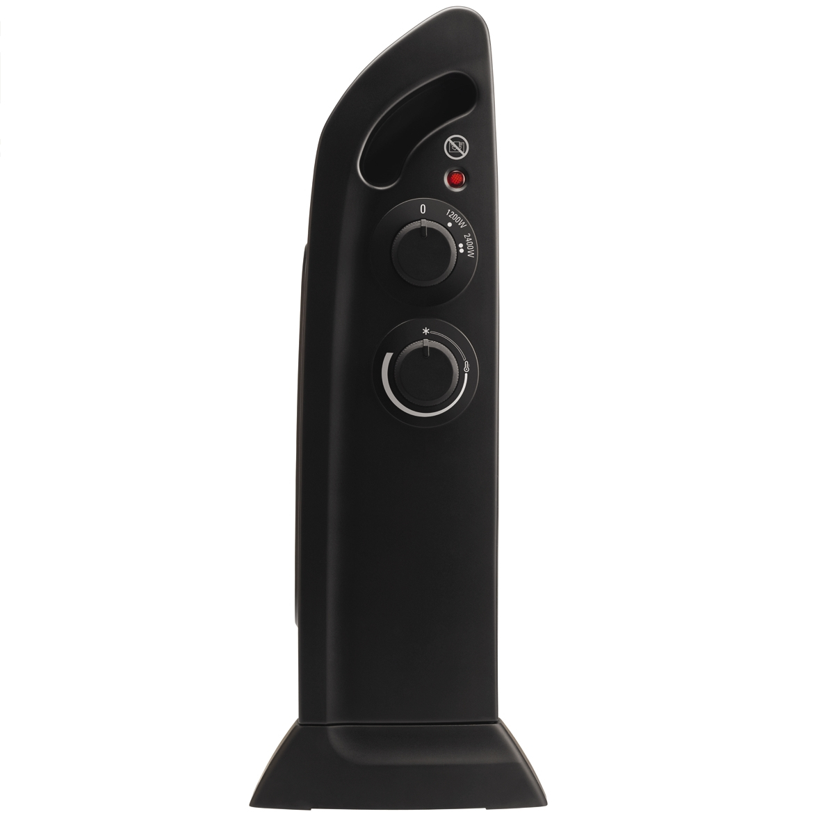 Calentador eléctrico negro con controles y asa. Tiene un indicador de encendido rojo.