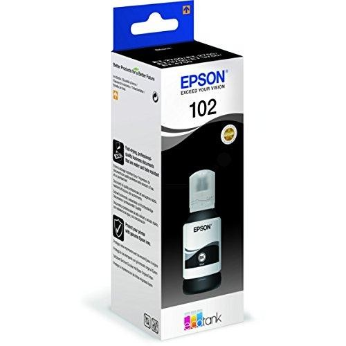 Botella de tinta Epson en una caja. Tinta negra, con etiqueta blanca y negra. Fondo blanco.