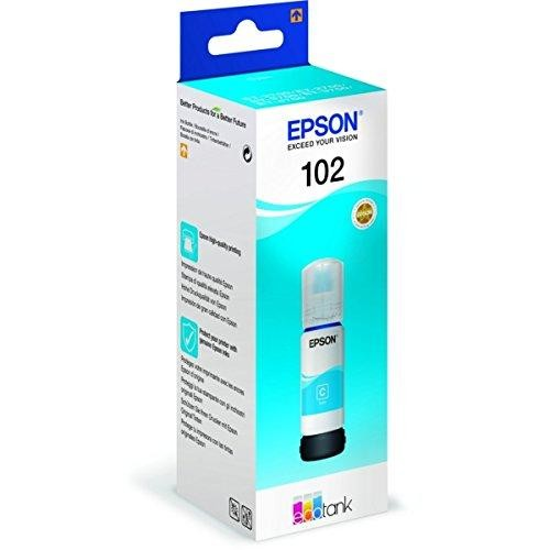 Caja de cartuchos de tinta Epson, azul claro y blanco con una botella de tinta negra dentro.