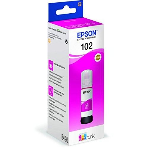 Caja de cartucho de tinta Epson, botella de tinta magenta dentro. La caja es blanca y rosa con información del producto.