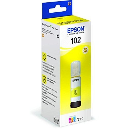 Cartucho de tinta amarilla Epson 102 en una caja. La caja es amarilla y blanca con el logo Epson.