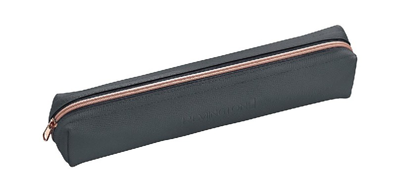 Estuche gris oscuro para rizador Remington con cremallera oro rosa, sobre fondo blanco.