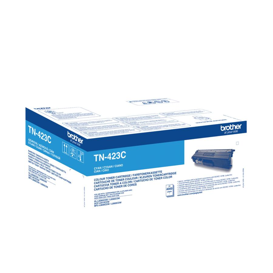 Caja de cartucho de tóner cian Brother TN-423C. Caja blanca y azul con texto e imágenes.