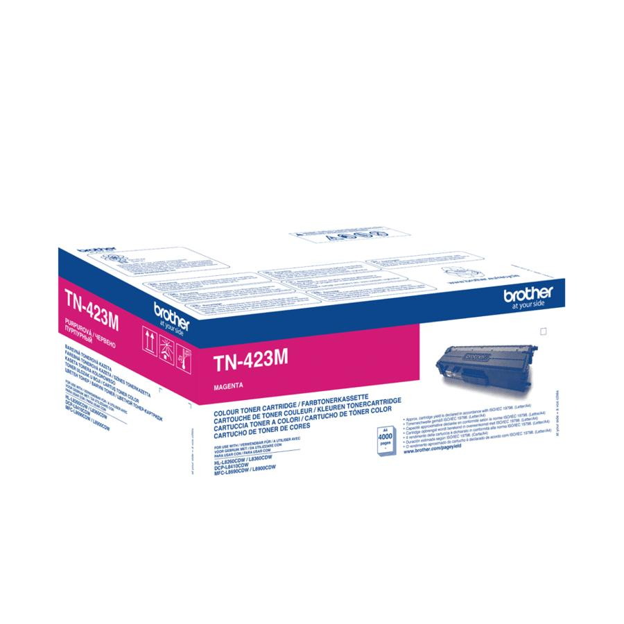 Caja de tóner magenta Brother TN-423M. Caja blanca con texto negro y magenta, en ángulo, sobre fondo blanco.