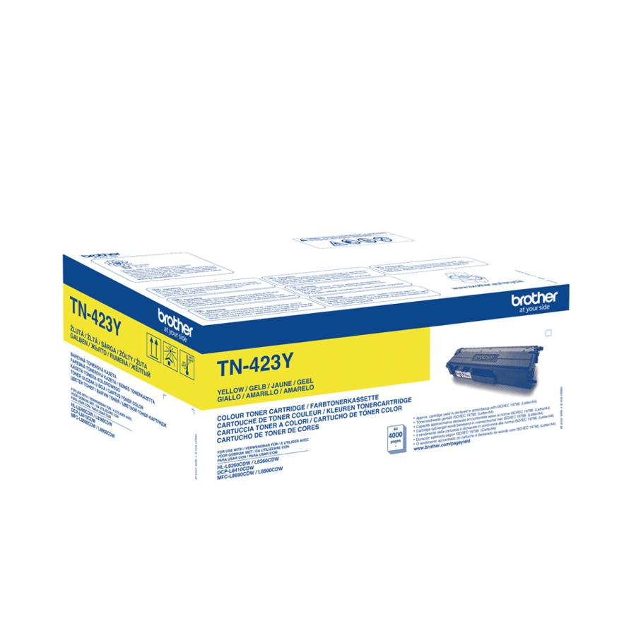 Caja de cartucho de tóner Brother TN-423Y, texto amarillo, cartucho de tóner amarillo visible. Fondo blanco.