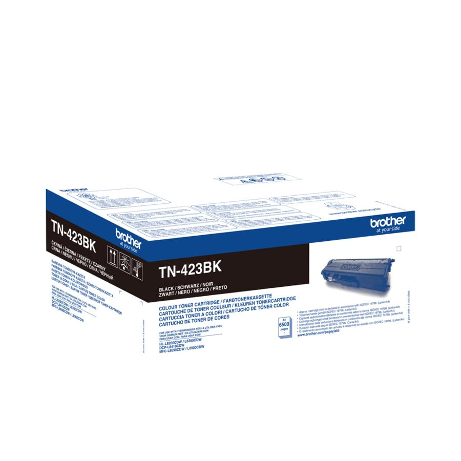 Caja de cartucho de tóner negro Brother TN-423BK. La caja muestra detalles y una imagen del cartucho.