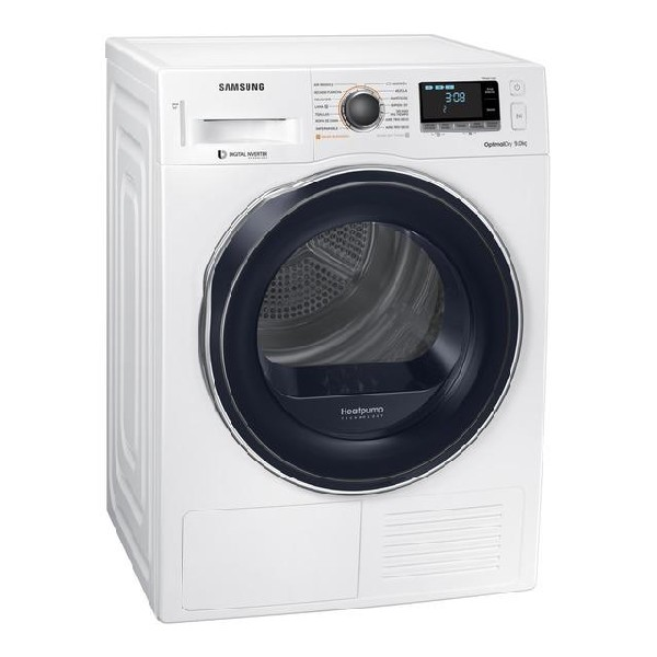 Una secadora Samsung blanca. Tiene una puerta negra, un panel de control y la etiqueta OptimaDry 9kg.