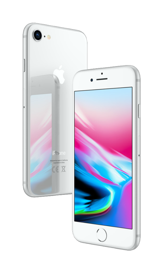 Dos iPhones blancos; uno mostrando la parte trasera, el otro mostrando una pantalla colorida.