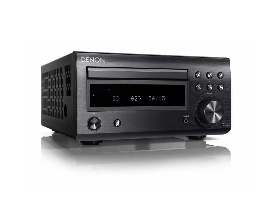 Receptor de CD Denon negro con pantalla 'CD 02:15' y botones de control.