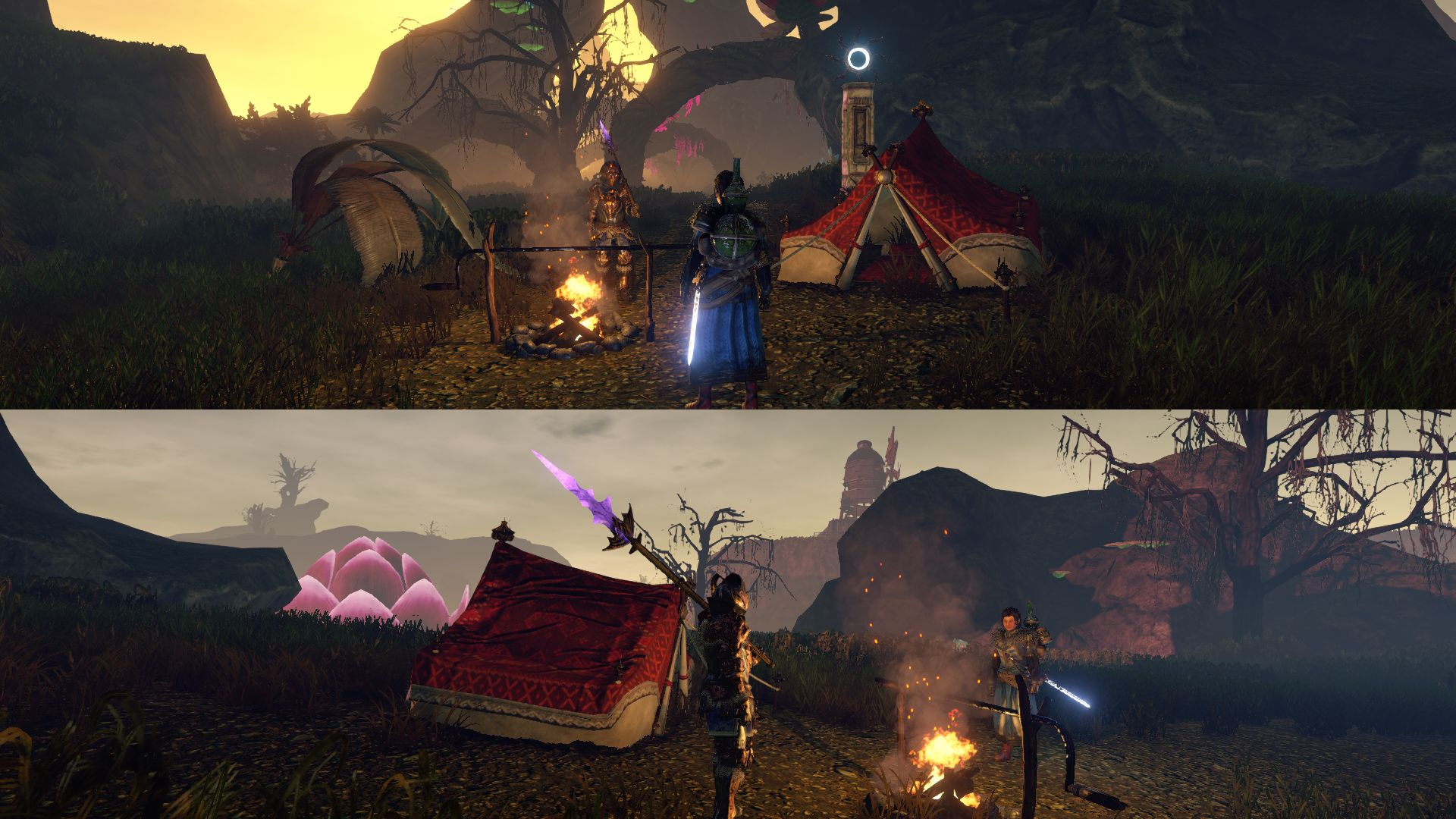 Twee afbeeldingen van een game-scène met personages, kampvuur, tenten en een fantasielandschap.