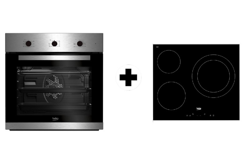 Horno y vitrocerámica. El horno es plateado, la vitrocerámica negra con 4 círculos.