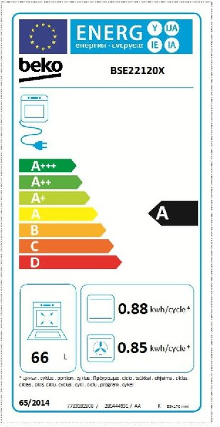Etiqueta energética de horno con calificación A. Tiene un esquema de color negro y verde e incluye detalles de consumo.