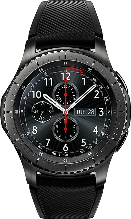 Un reloj inteligente Samsung Gear S3 negro con esfera oscura, correa negra y bisel giratorio.