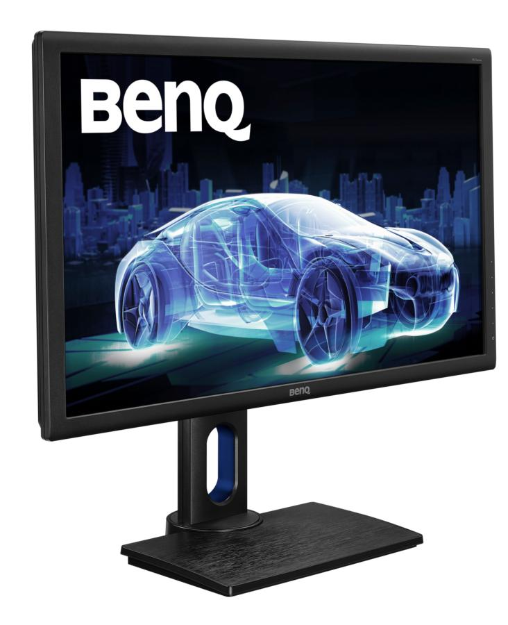 Monitor BenQ con gráfico de coche sobre fondo blanco.