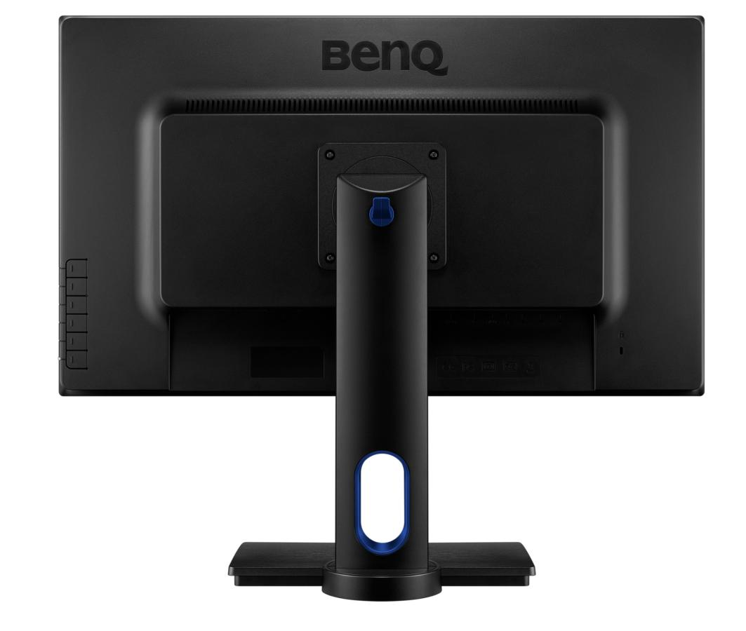 Monitor negro, vista trasera. El soporte es negro con un acento azul. El logotipo de BenQ es visible.