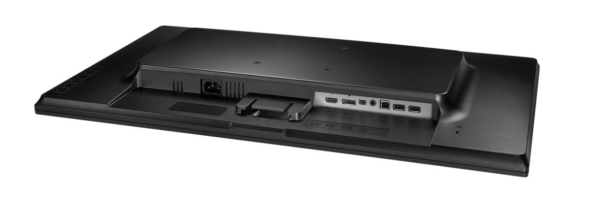 Parte trasera de monitor de ordenador negro con puertos, entrada de alimentación y soporte.
