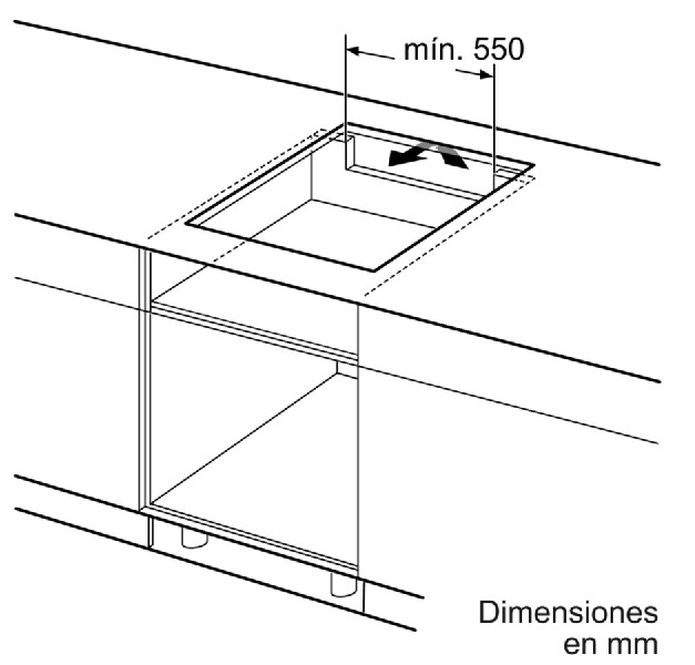 Diagrama de instalación de placa de cocina. Muestra dimensiones y colocación en mm.