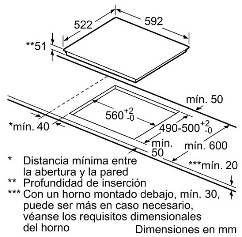Esquema de una vitrocerámica negra con dimensiones, en un fondo blanco. Texto en español.