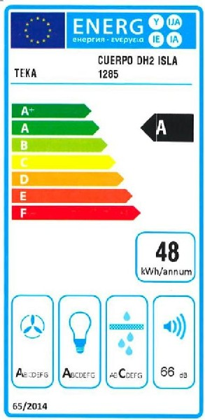 Etiqueta energética para una campana extractora. Muestra clasificaciones de eficiencia y ruido.