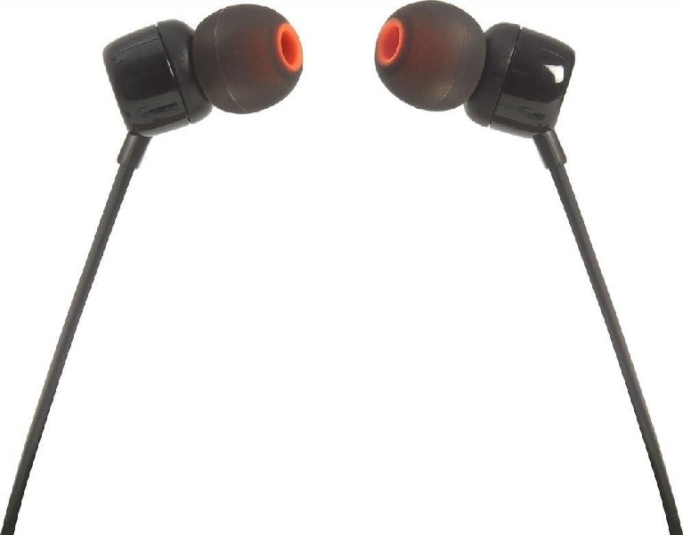 Auriculares negros con puntas de oído naranjas. Sobre un fondo blanco.