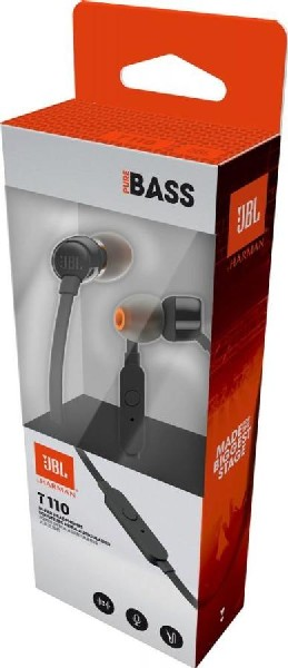 Caja de auriculares JBL, con una ventana de plástico transparente. Combinación de colores naranja y blanco.