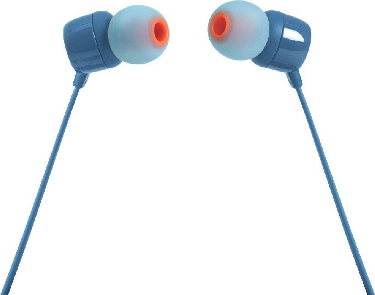 Auriculares azules con puntas naranjas y un cable azul. El fondo es blanco.