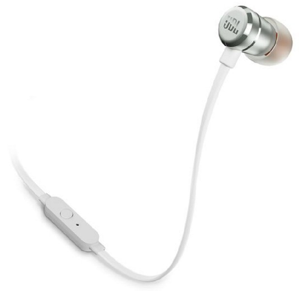 Auriculares JBL blancos con un auricular plateado y naranja. Cable blanco con control y micrófono.