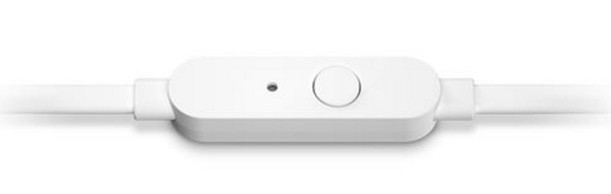 Control remoto en línea blanco para auriculares, con un botón y un pequeño orificio para micrófono.