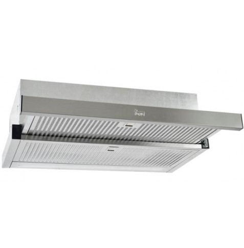 Una campana extractora de acero inoxidable con dos niveles de ventilación. Está montada en una pared.