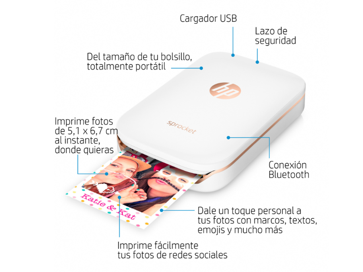 Impresora - HP Sprocket, con tecnología Bluetooth, Impresión sin tinta, Blanca