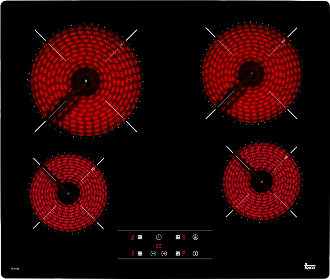 Encimera negra con cuatro círculos rojos calientes. Panel de control abajo.